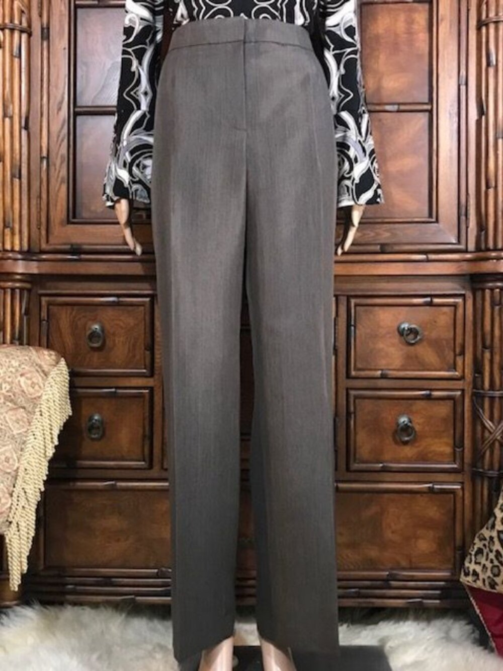Kasper Brazilian Sky Deep Taupe Chocolate Shadow Stripe Straight Leg Pant